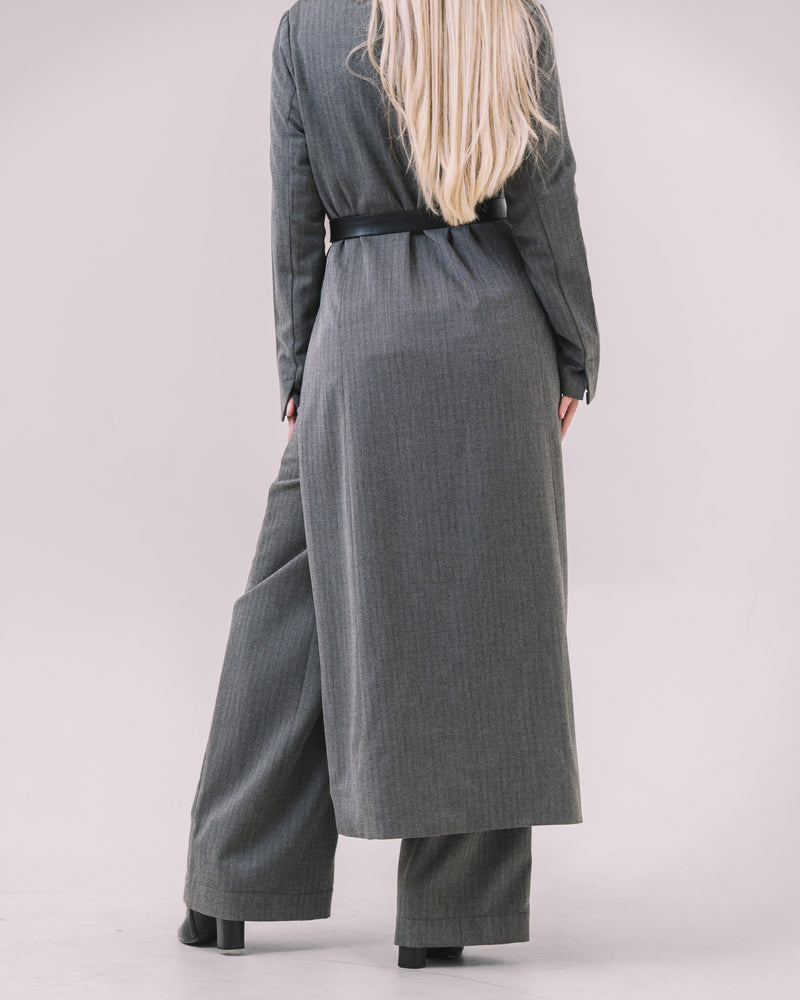 Longline Wool-Blend Belted Coat – Chevron Texture