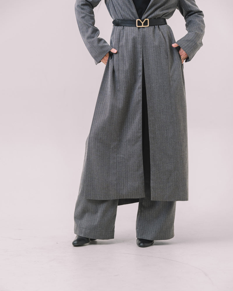 Longline Wool-Blend Belted Coat – Chevron Texture