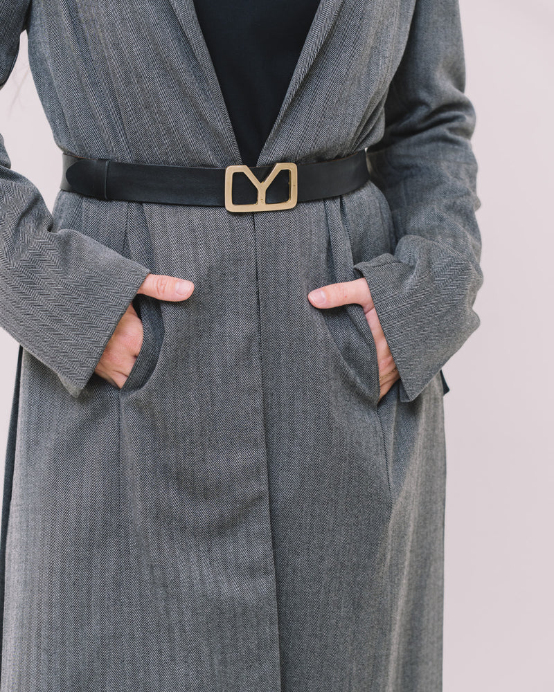 Longline Wool-Blend Belted Coat – Chevron Texture