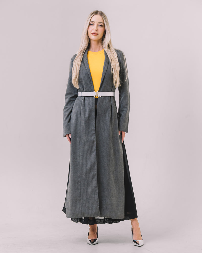 Longline Wool-Blend Belted Coat – Chevron Texture