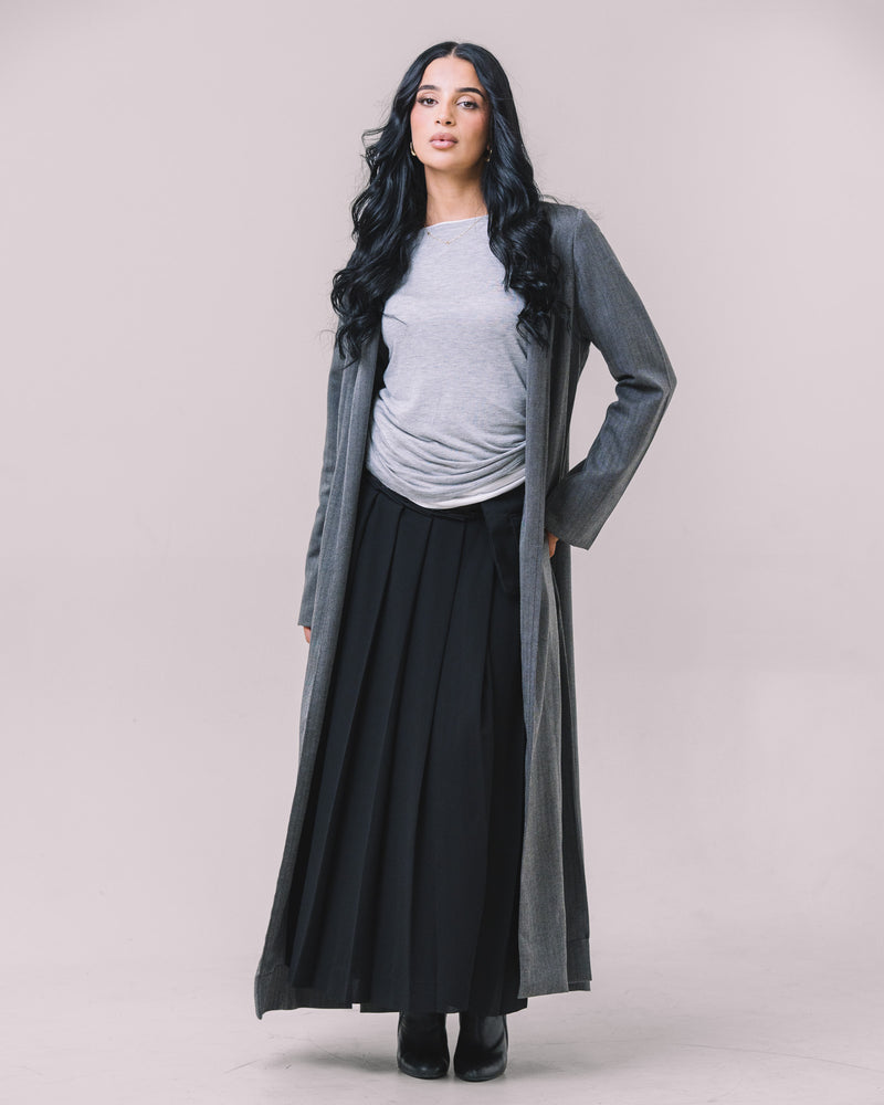 Longline Wool-Blend Belted Coat – Chevron Texture