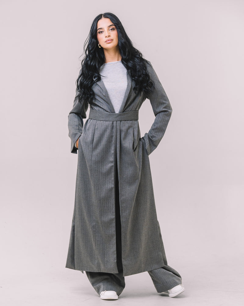 Longline Wool-Blend Belted Coat – Chevron Texture