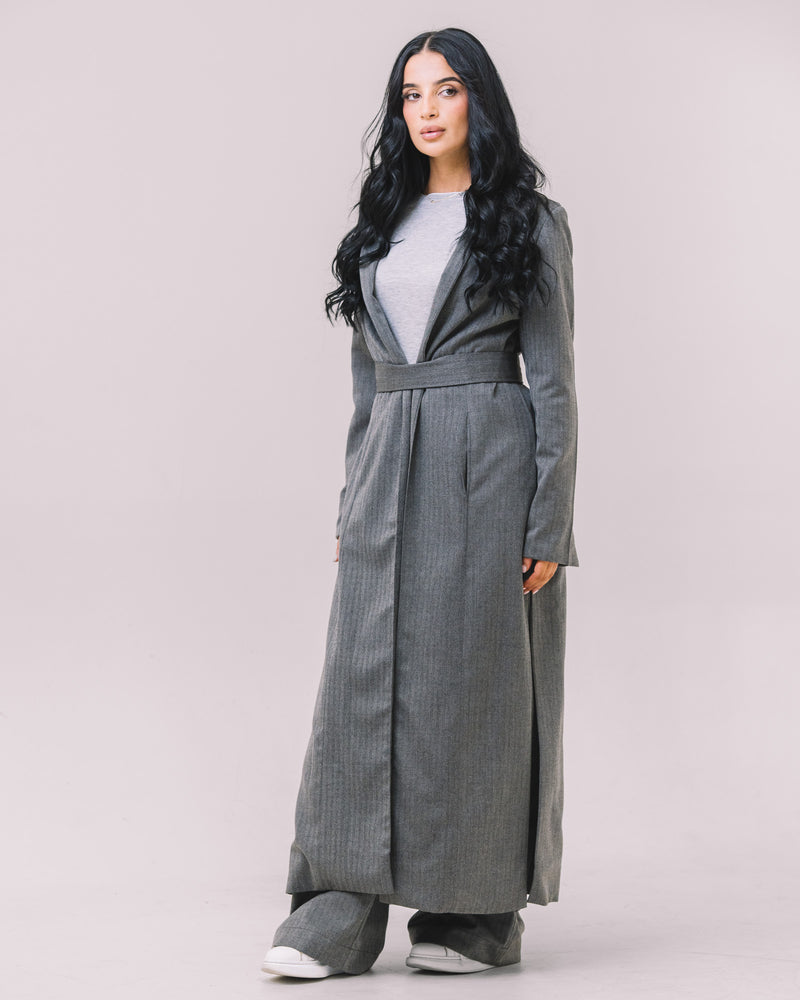Longline Wool-Blend Belted Coat – Chevron Texture